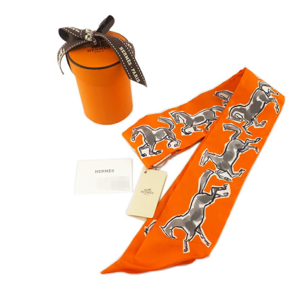 Hermes Heaven Twilly Chevaux en Liberte Horse of Freedom Orange Gray 14 Scarf — view 9