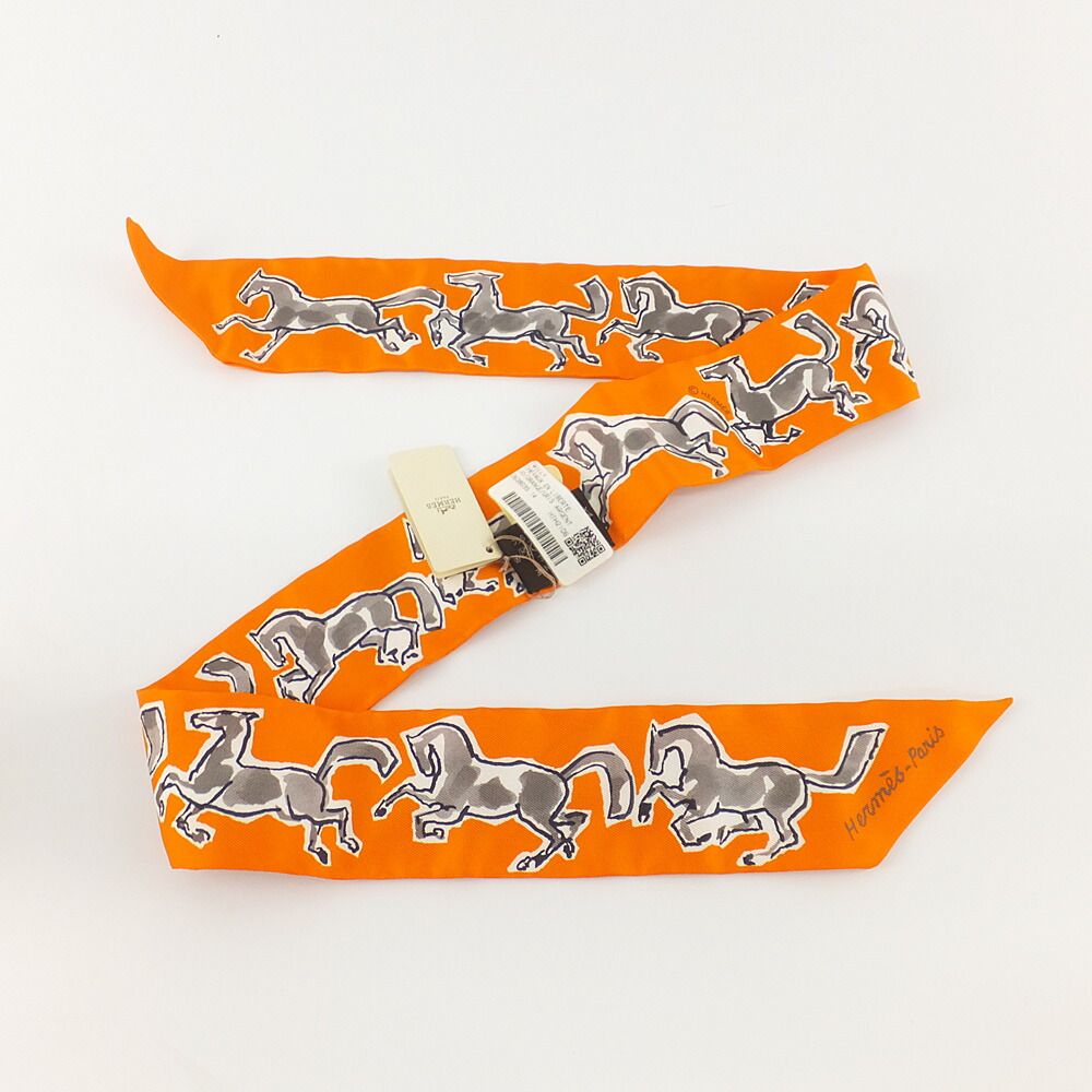 Hermes Heaven Twilly Chevaux en Liberte Horse of Freedom Orange Gray 14 Scarf — view 6