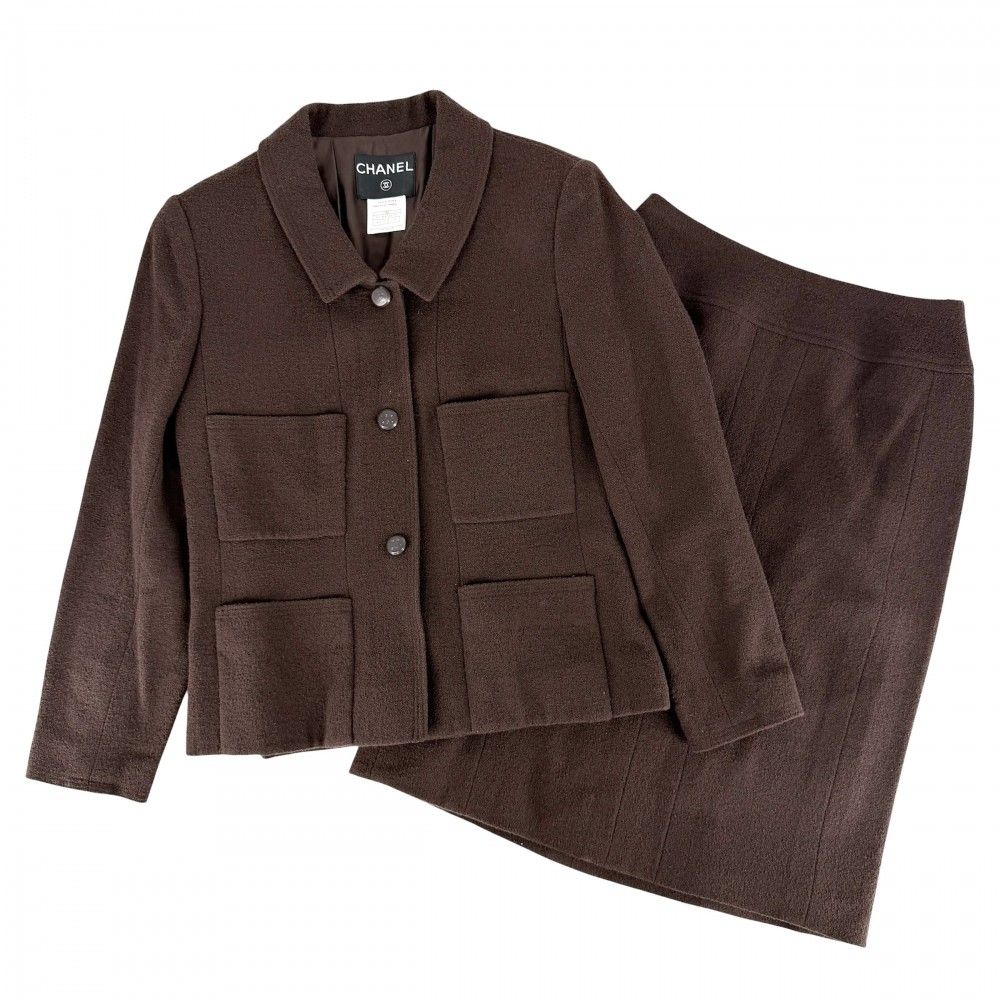 Chanel Set Jacket Skirt Vintage 38 Brown Wool Nylon Spandex Autumn Winter