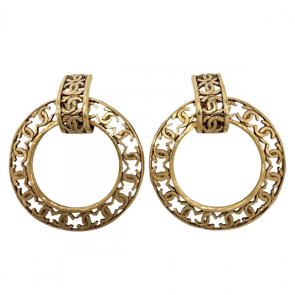 Chanel Earrings CC Logo Vintage Round 2-Way 2 5 Gold