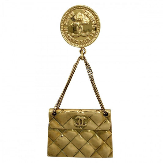 Chanel Brooch Quilted Bag Motif CC Logo Swing Vintage Gold Plated