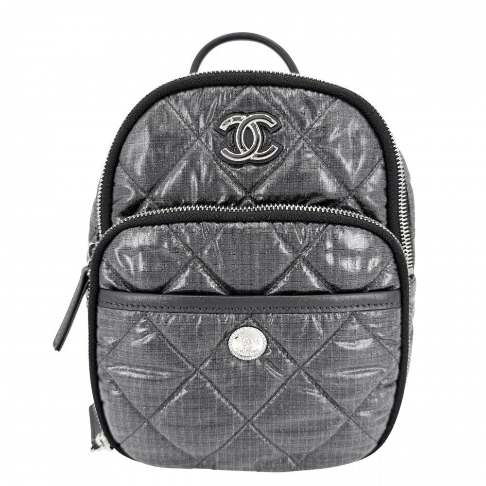 Chanel Quilted Coco Neige Chain Shoulder Lame Backpack CC Logo Nylon Gray Silver