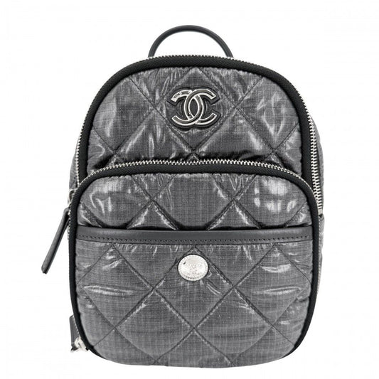 Chanel Quilted Coco Neige Chain Shoulder Lame Backpack CC Logo Nylon Gray Silver