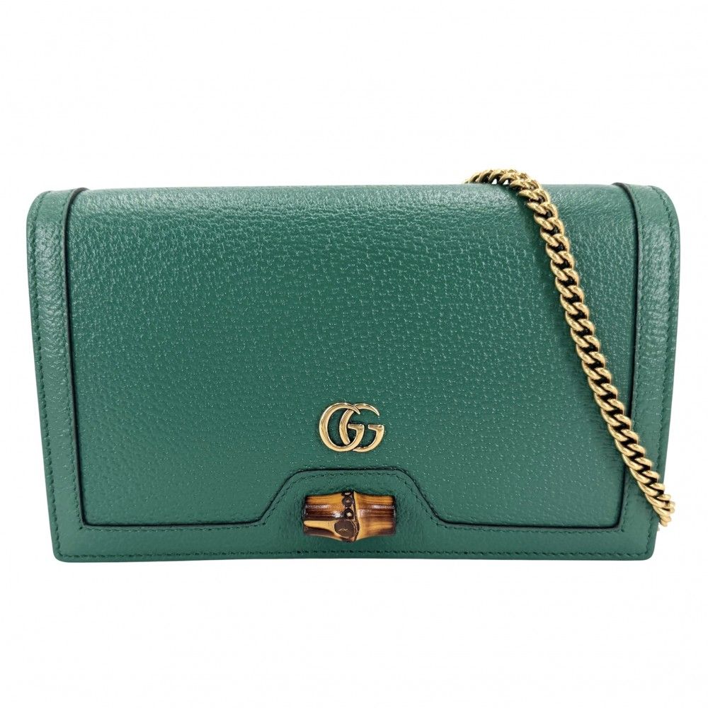 Gucci Shoulder Bag Diana Chain Bamboo Crossbody Leather Green Gold