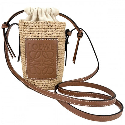 Loewe Shoulder Bag Anagram Cylinder Pocket Crossbody Raffia Beige Brown Silver