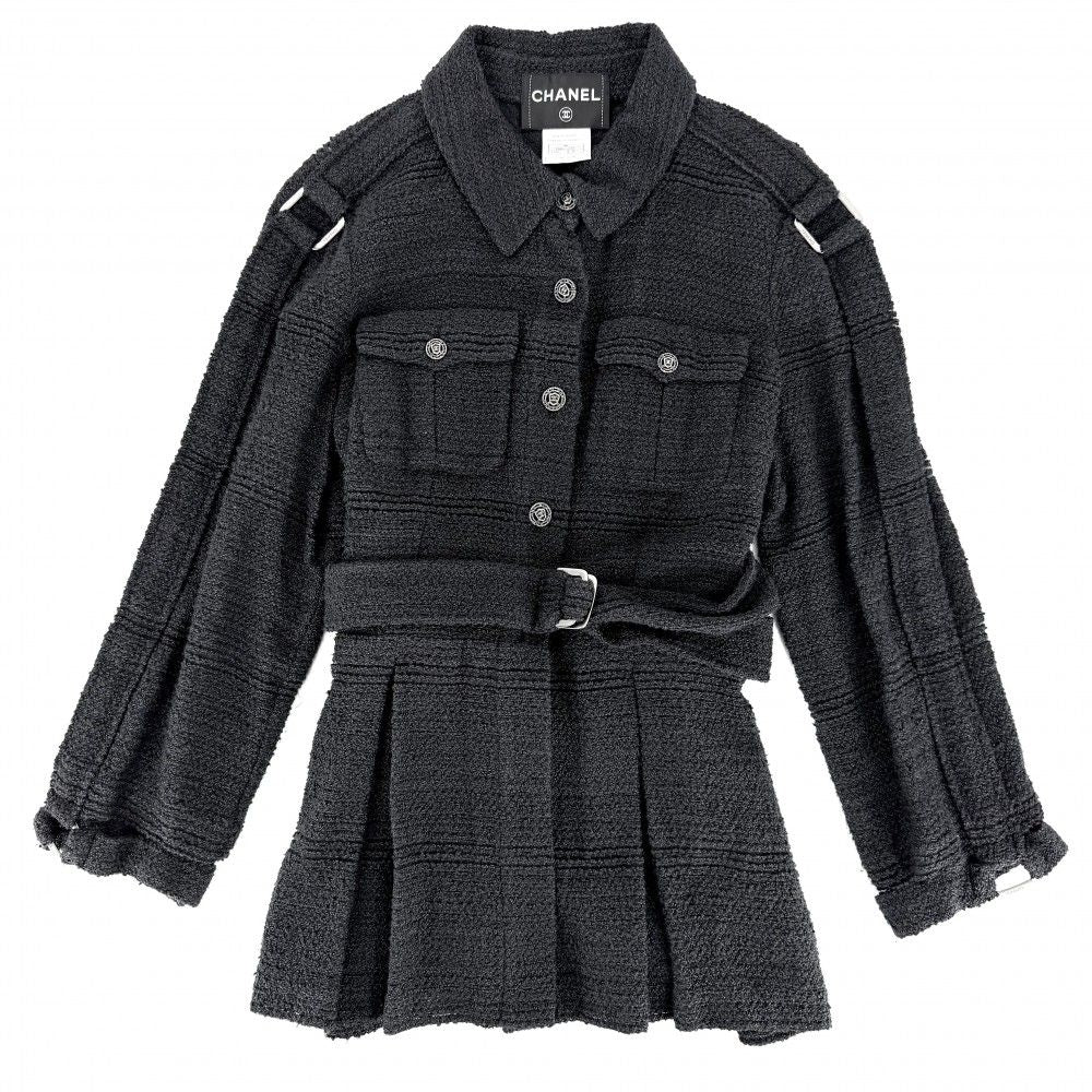 Chanel Jacket CC Logo Belted Top 46 Navy Gunmetal Silk Nylon Spring Fall