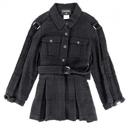 Chanel Jacket CC Logo Belted Top 46 Navy Gunmetal Silk Nylon Spring Fall