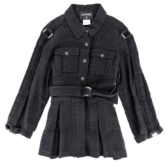 Chanel Jacket CC Logo Belted Top 46 Navy Gunmetal Silk Nylon Spring Fall