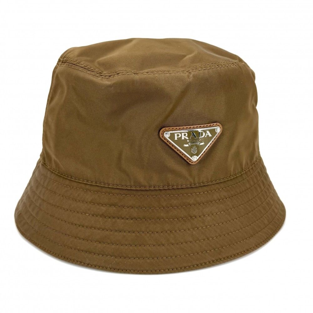 Prada Hat Triangle Logo Bucket Hat M Nylon Brown Silver