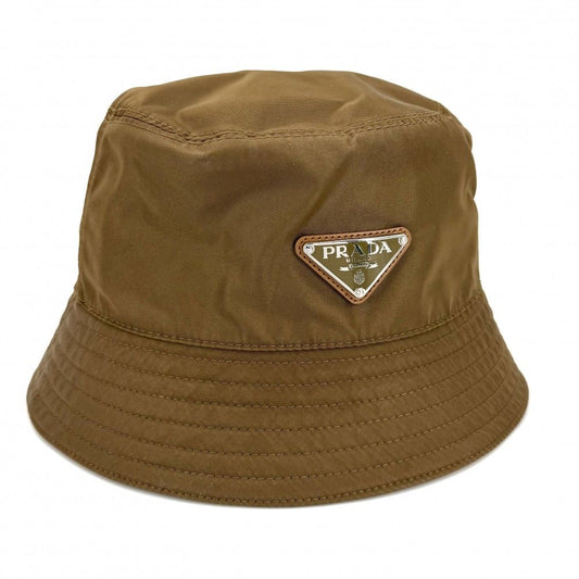 Prada Hat Triangle Logo Bucket Hat M Nylon Brown Silver