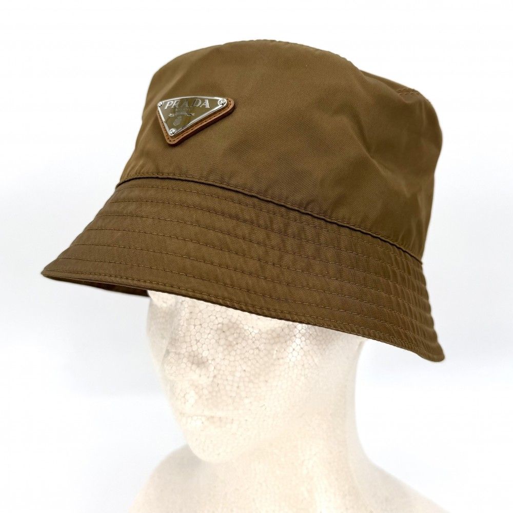 Prada Hat Triangle Logo Bucket Hat M Nylon Brown Silver — view 2