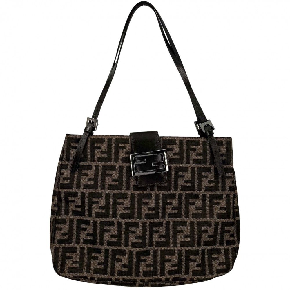 Fendi Tote Zucca Handbag Shoulder Canvas Leather Brown Silver