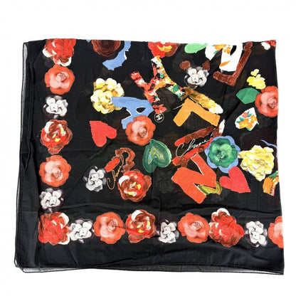 Chanel Scarf Logo Flower Large CC Floral Pattern Cotton Black — view 2