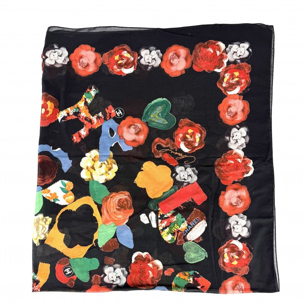 Chanel Scarf Logo Flower Large CC Floral Pattern Cotton Black — view 4