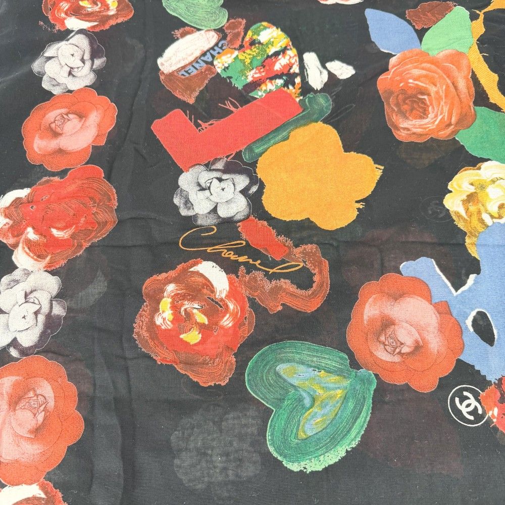 Chanel Scarf Logo Flower Large CC Floral Pattern Cotton Black — view 6