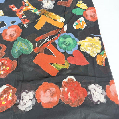 Chanel Scarf Logo Flower Large CC Floral Pattern Cotton Black — view 8