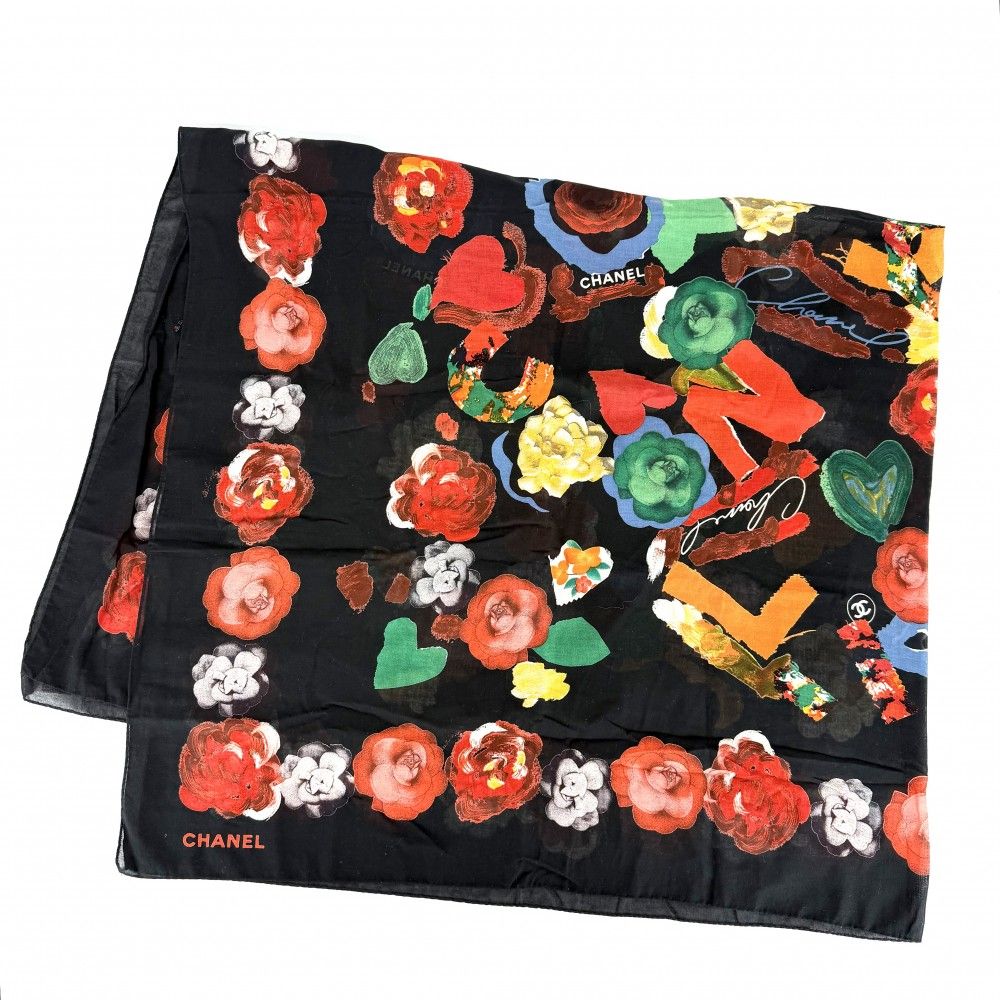 Chanel Scarf Logo Flower Large CC Floral Pattern Cotton Black