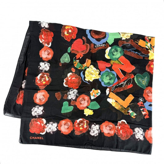 Chanel Scarf Logo Flower Large CC Floral Pattern Cotton Black