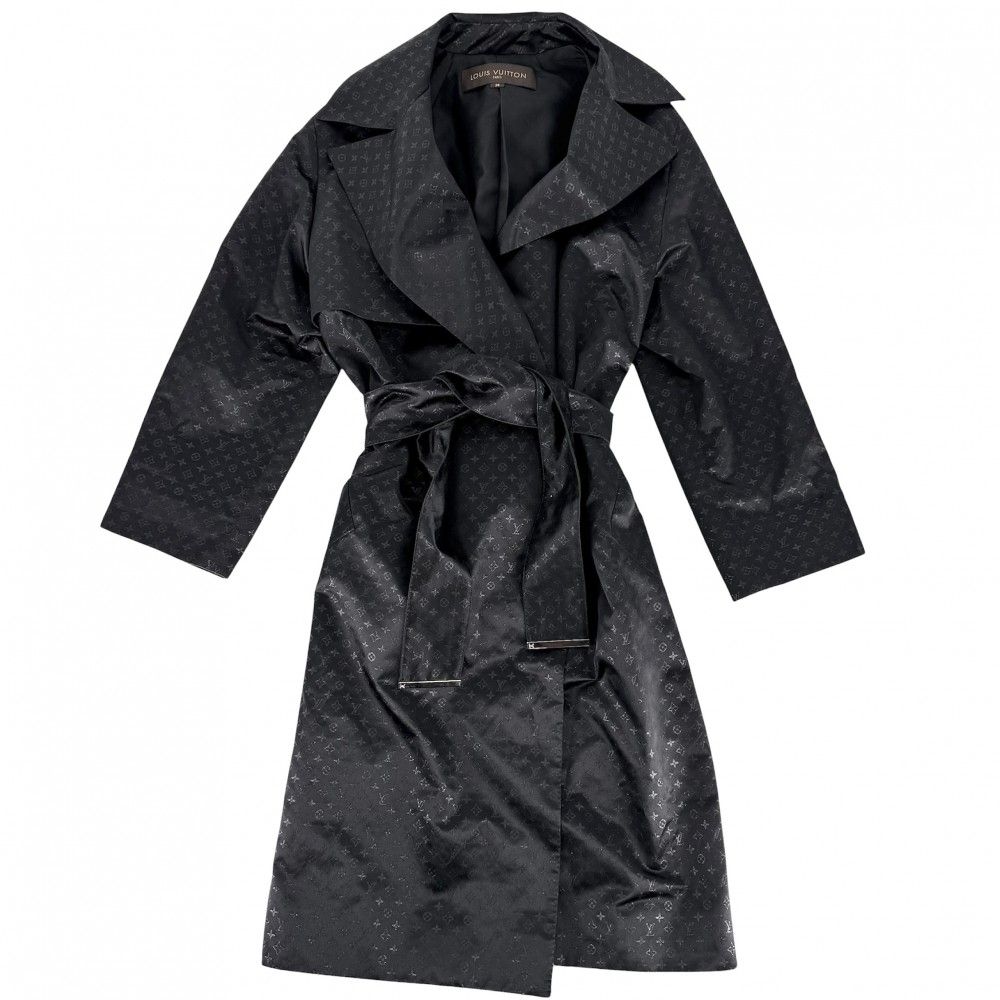 Louis Vuitton Monogram Long Coat 38 Black Silk Metallic Fiber Spring Autumn