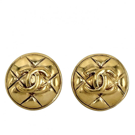 Chanel Earrings Quilted Round CC Logo Vintage Gold Plated