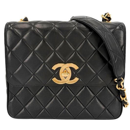 Chanel Shoulder Bag Quilted CC Logo Crossbody Chain Square Lambskin Black Gold