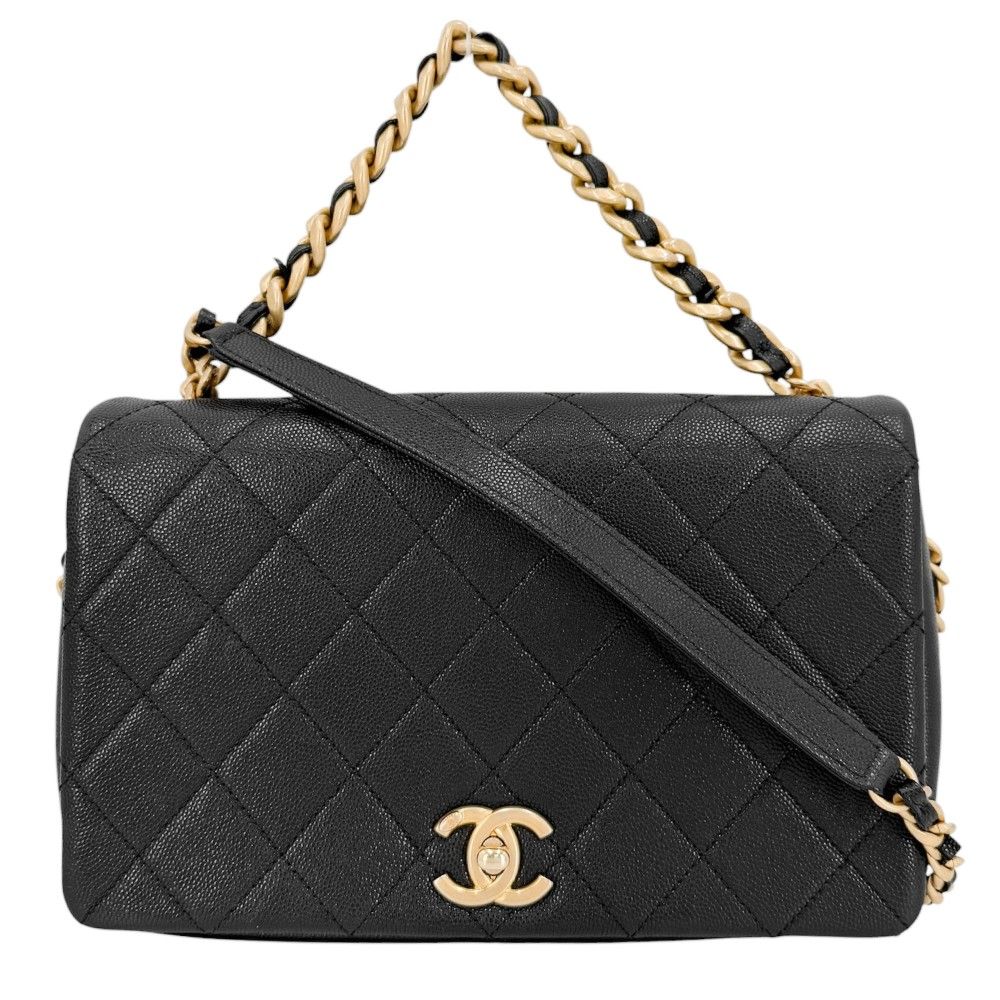 Chanel 2-Way Quilted CC Logo Shoulder Bag Crossbody Chain Caviar Leather Black