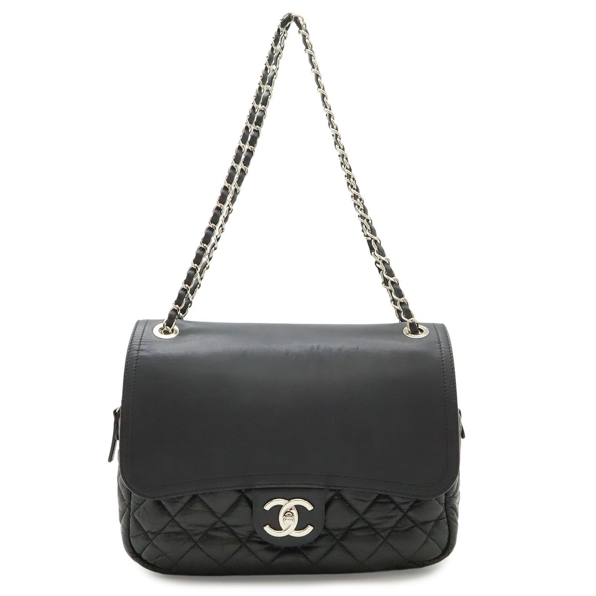 Chanel Quilted CC Logo Chain Shoulder Bag Leather Black Silver