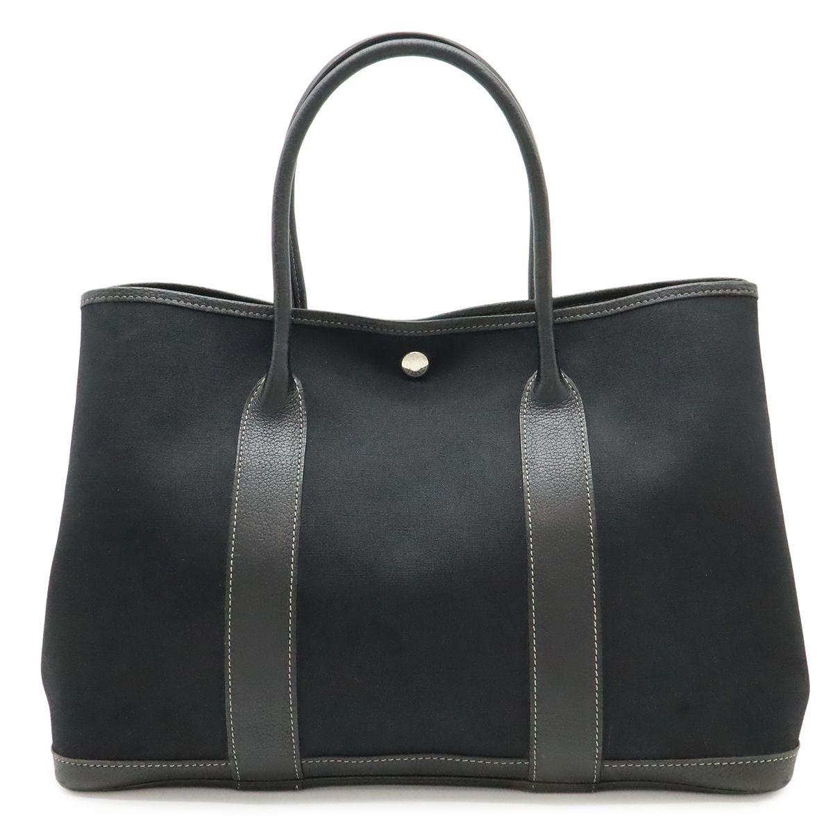Hermes Garden Party PM Tote Shoulder Bag Toile Officier Leather Black