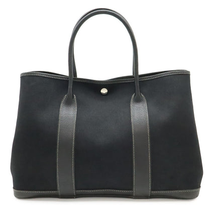 Hermes Garden Party PM Tote Shoulder Bag Toile Officier Leather Black