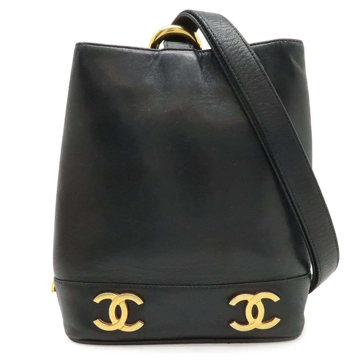 Chanel CC Logo Shoulder Bag Pochette Crossbody Lambskin Leather Black Gold