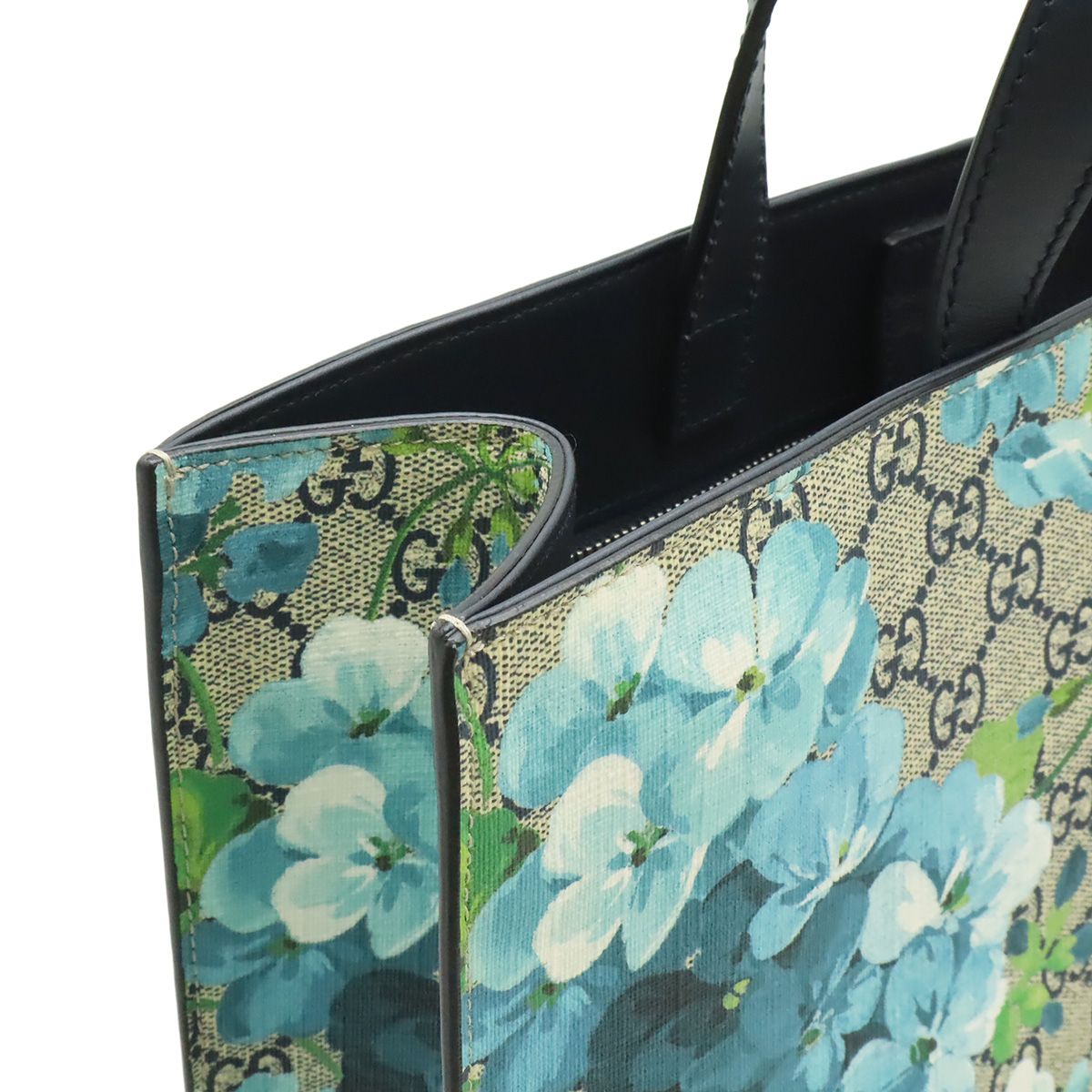 Gucci GG Blue Musu Tote Vertical Handbag Leather Flower Floral Pattern Beige — view 6
