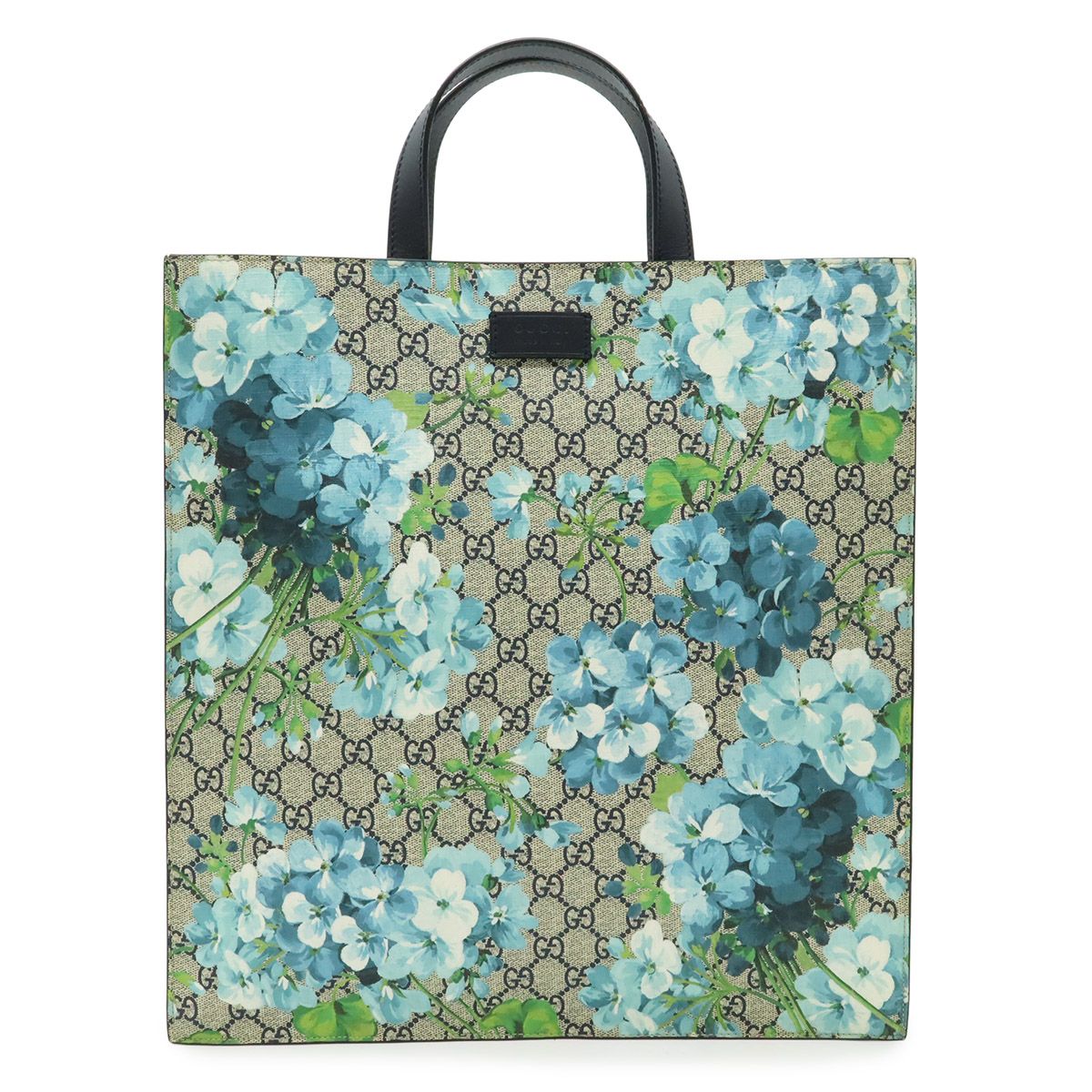 Gucci GG Blue Musu Tote Vertical Handbag Leather Flower Floral Pattern Beige