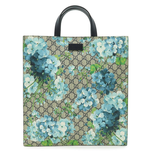 Gucci GG Blue Musu Tote Vertical Handbag Leather Flower Floral Pattern Beige