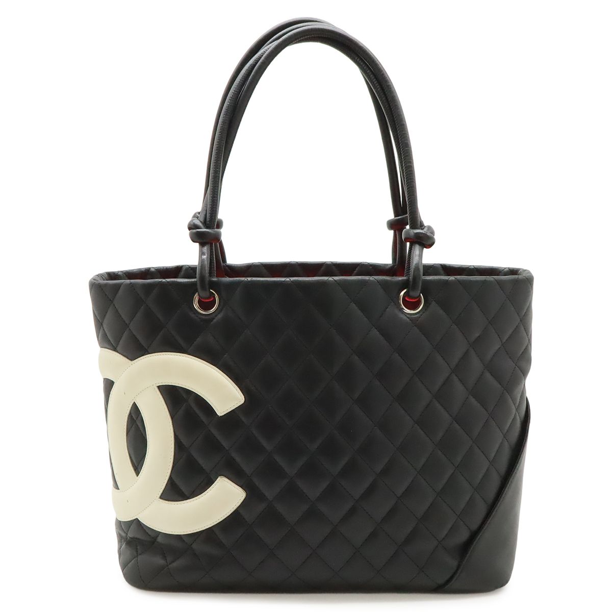 Chanel Cambon Line CC Logo Large Tote Shoulder Bag Soft Calf Black White Silver