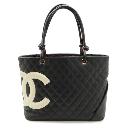 Chanel Cambon Line CC Logo Large Tote Shoulder Bag Soft Calf Black White Silver