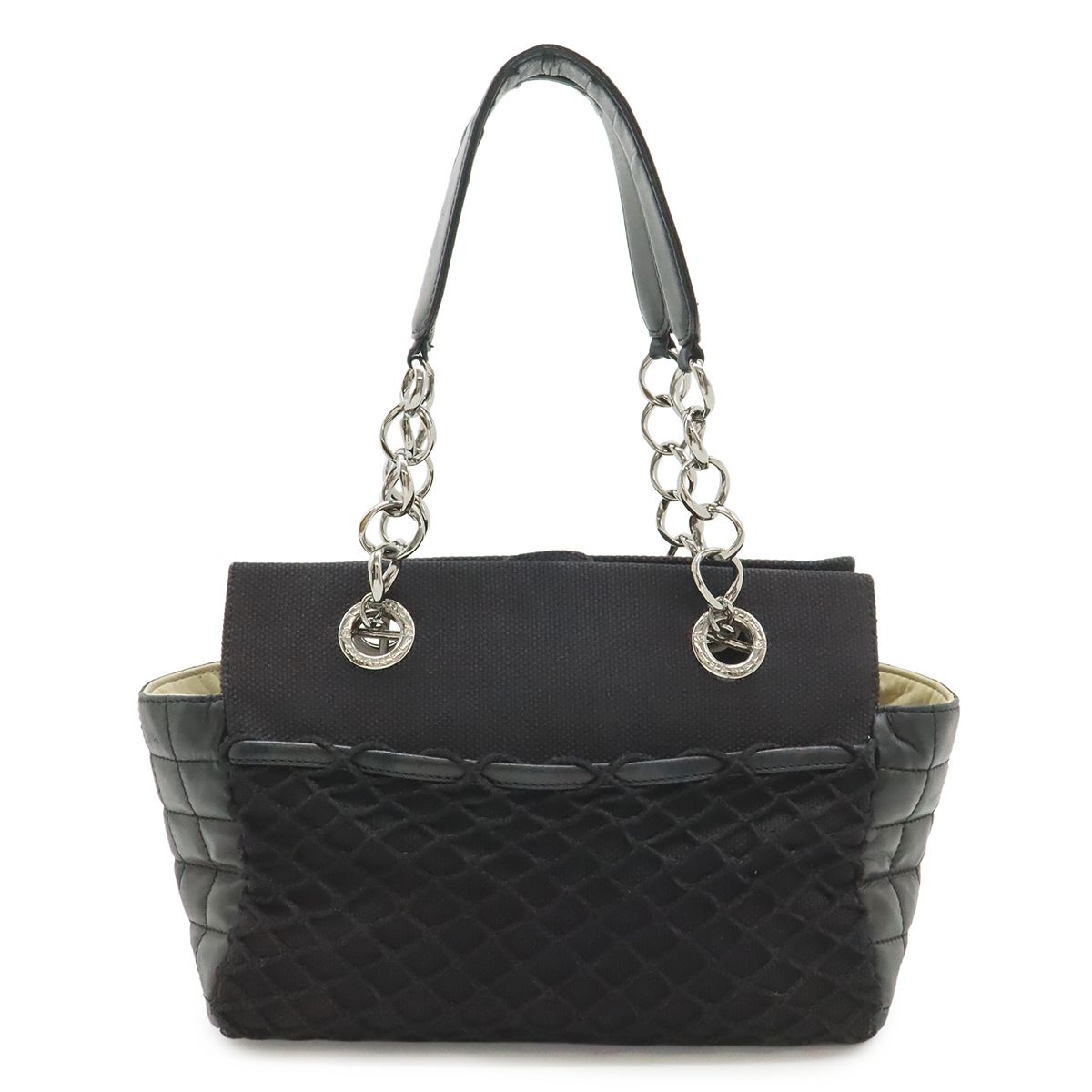 Chanel Choco Bar Chain Tote Quilted Net Canvas Leather Black