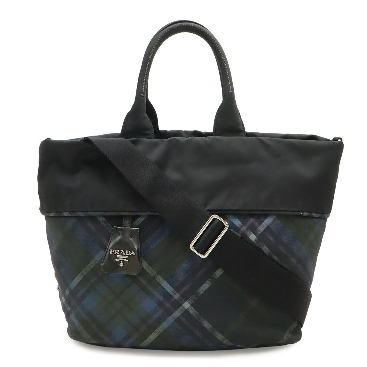 Prada Tote 2-Way Shoulder Bag Reversible Check Nylon Black Blue Multicolor