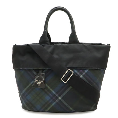 Prada Tote 2-Way Shoulder Bag Reversible Check Nylon Black Blue Multicolor
