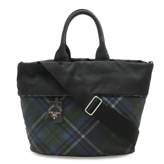 Prada Tote 2-Way Shoulder Bag Reversible Check Nylon Black Blue Multicolor