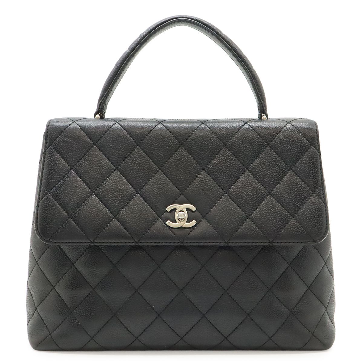 Chanel Quilted CC Logo Handbag Flap Bag Caviar Leather Black Silver