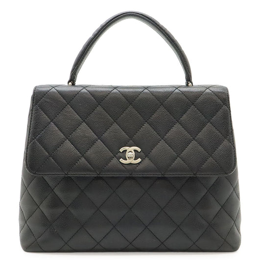 Chanel Quilted CC Logo Handbag Flap Bag Caviar Leather Black Silver