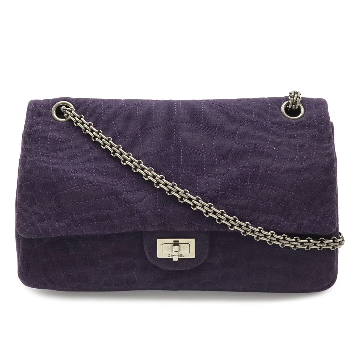 Chanel 2.55 Shoulder Bag Chain Crossbody Canvas Cotton Purple Silver