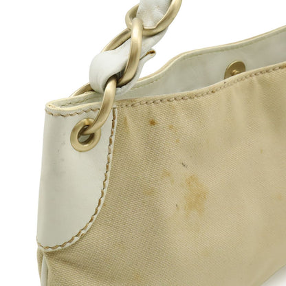 Chanel CC Logo Chain Shoulder Bag Canvas Leather White Beige Gold — view 4