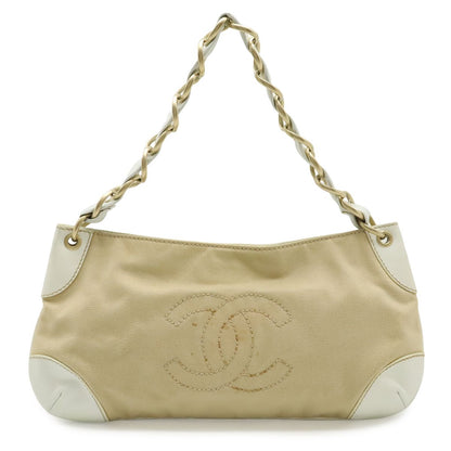 Chanel CC Logo Chain Shoulder Bag Canvas Leather White Beige Gold