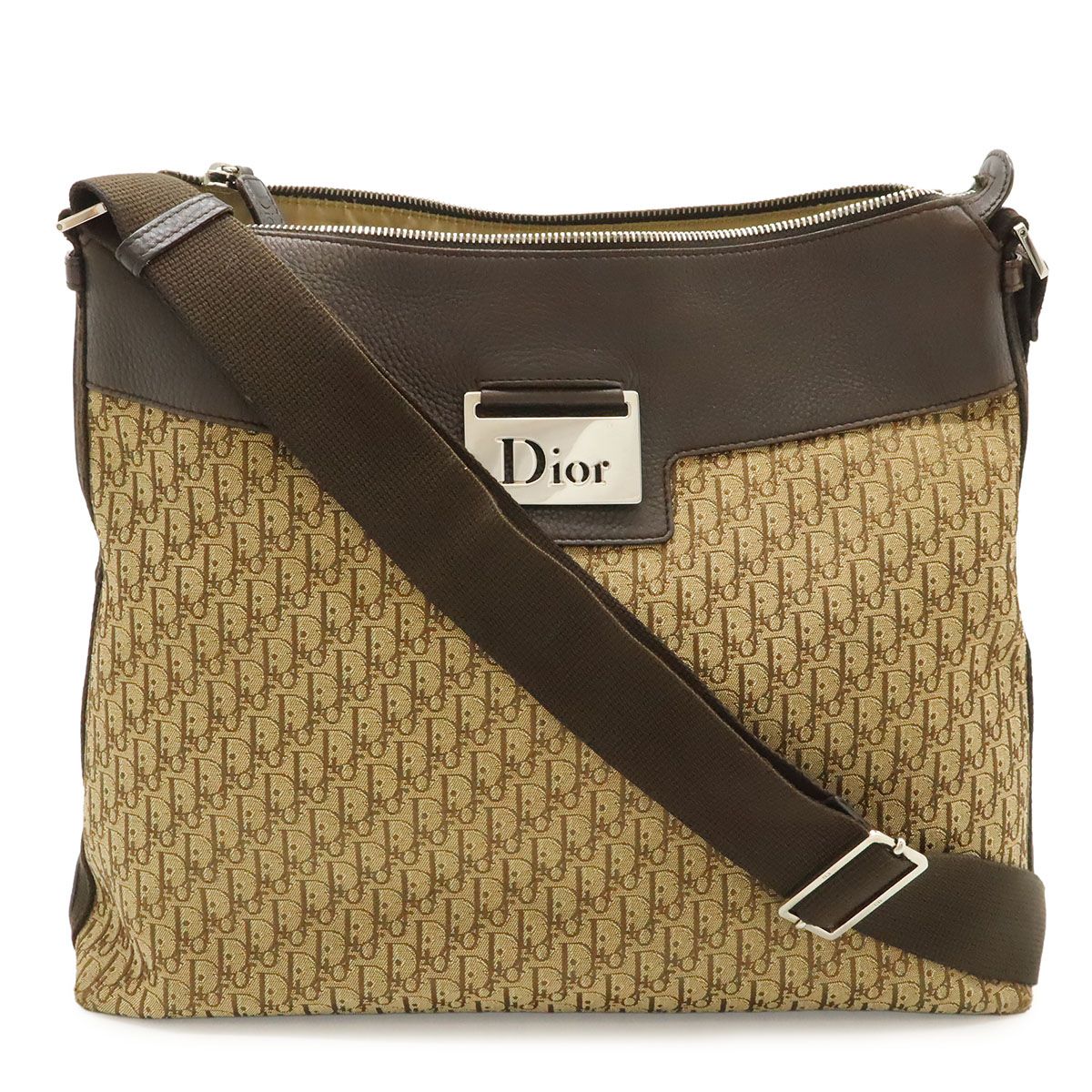 Dior Trotter Shoulder Bag Crossbody Jacquard Canvas Leather Brown Silver