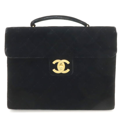 Chanel Quilted CC Logo Business Briefcase Handbag Velour Velvet Leather Black