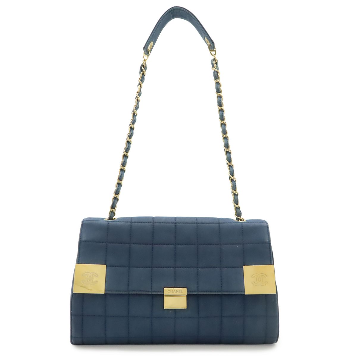 Chanel 2.55 Choco Bar Chain Shoulder Bag Canvas Leather Blue Navy Gold
