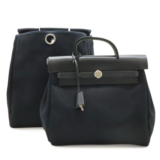 Hermes Herbag a Dos PM Backpack 2-Way Handbag Toile Officier Leather Black
