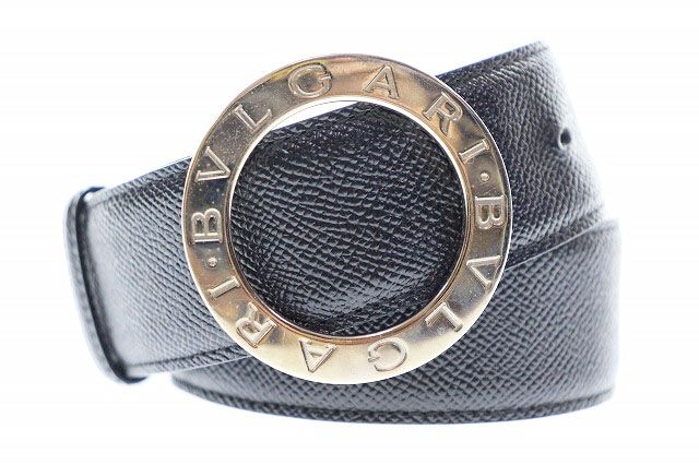 Bvlgari Leather Round Logo Buckle Silver Belt Black