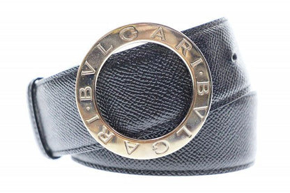 Bvlgari Leather Round Logo Buckle Silver Belt Black